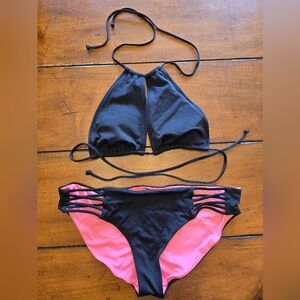 PINK Victoria's Secret Black and Pink Strappy Bikini